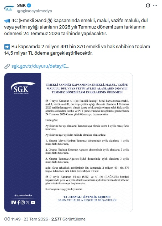 Emekli maaşlarında zam farkının yatacağı tarih belli oldu