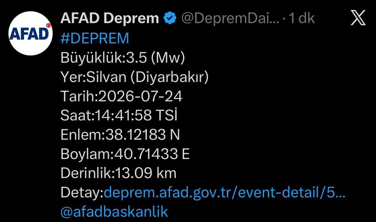Silvan\'da 3.5 Büyüklüğünde Deprem