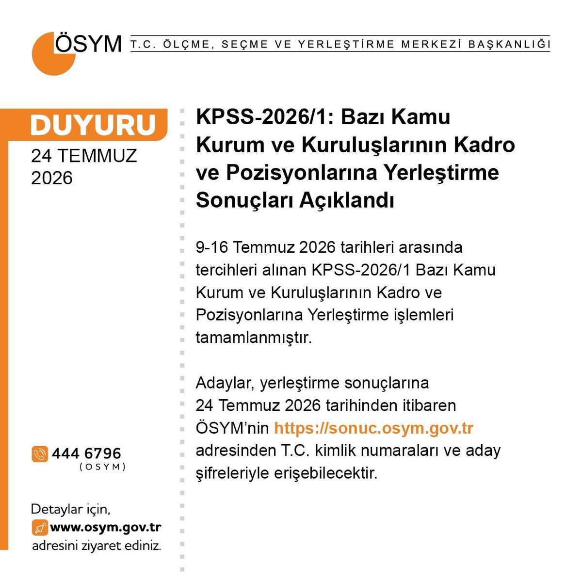 ÖSYM KPSS-2026/1 Yerleştirme Sonuçlarını Açıkladı