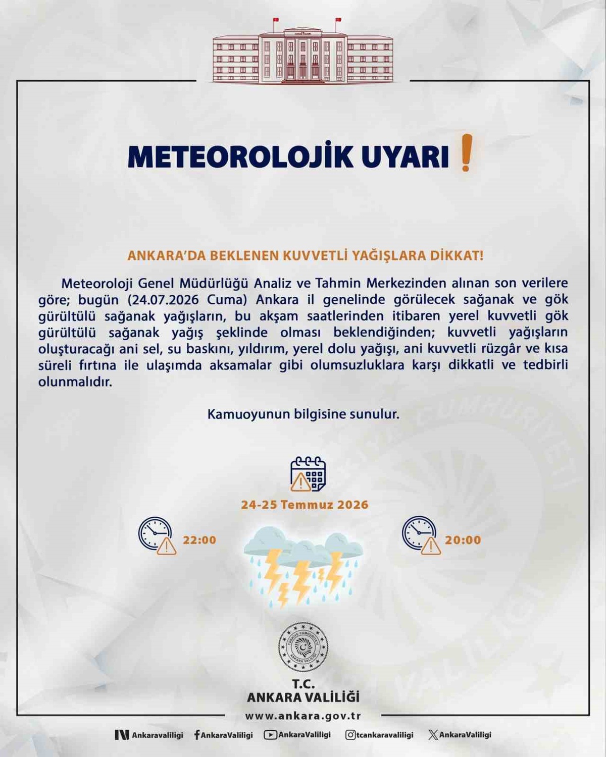 Ankara\'da kuvvetli yağış uyarısı
