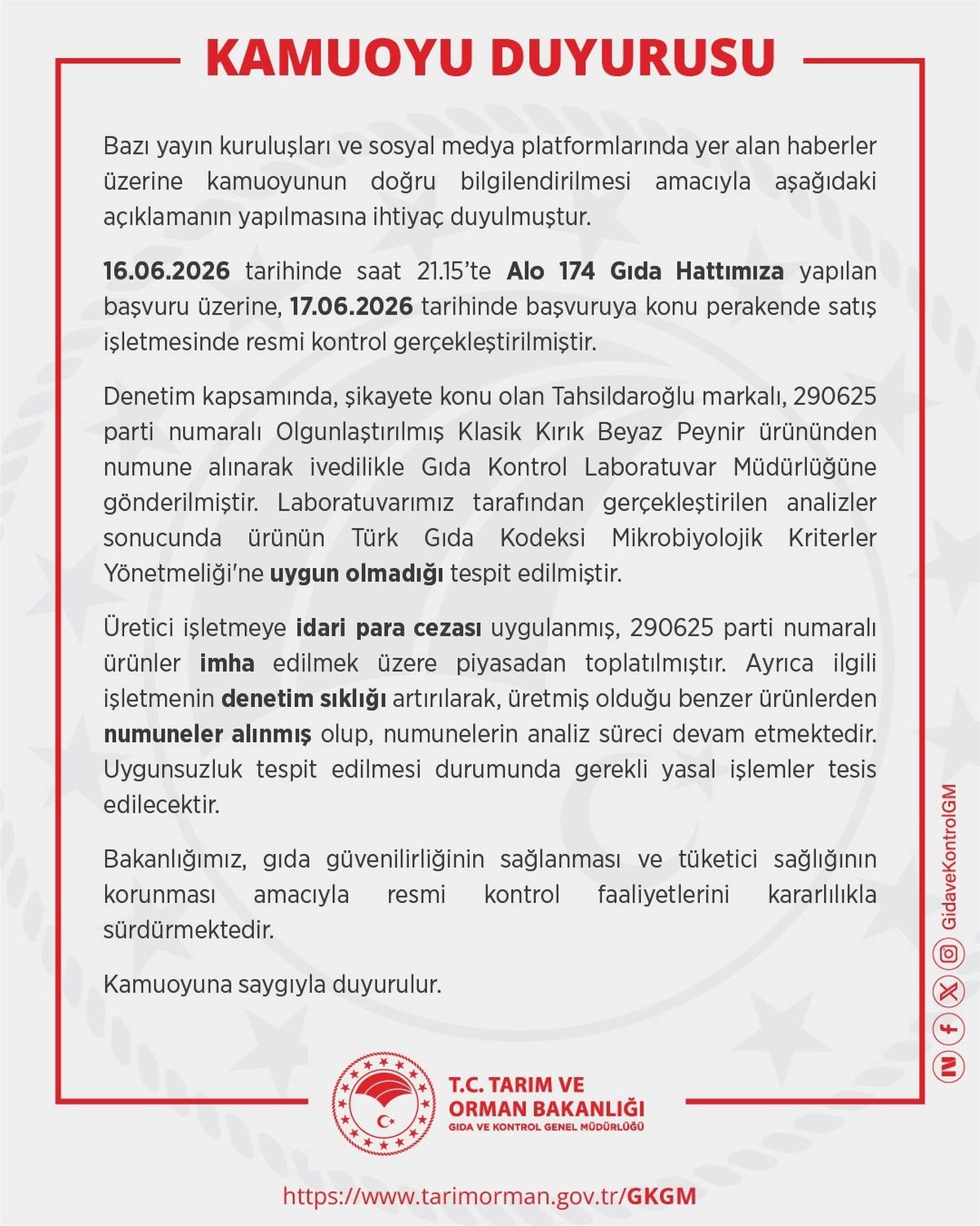 Tahsildaroğlu Peynirinde Uygunsuzluk Tespit Edildi