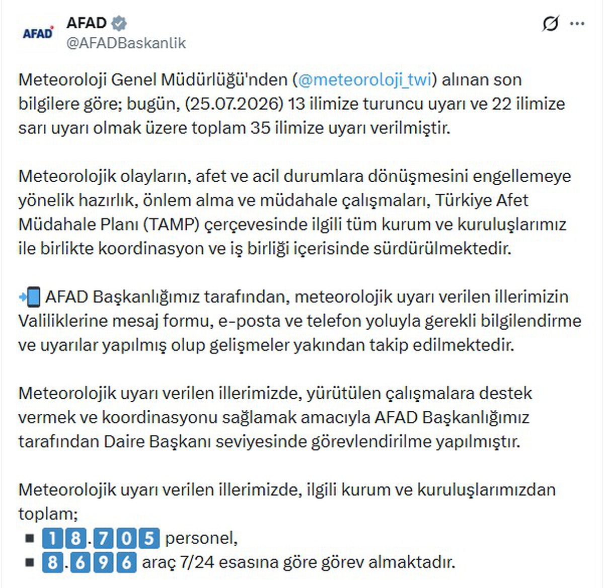 AFAD\'dan Meteorolojik Uyarılar