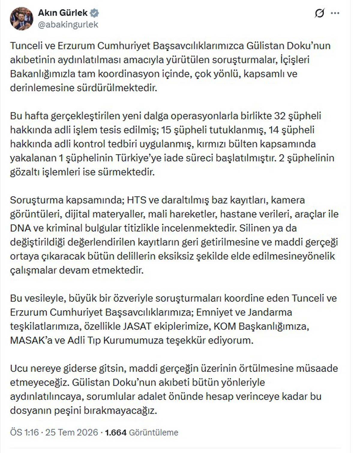 Gülistan Doku Soruşturmasında 32 Şüpheliye İşlem
