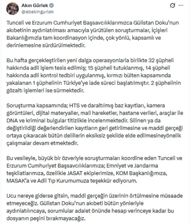 Bakan Gürlek'ten Gülistan Doku açıklaması: Bu dosyanın peşini bırakmayacağız