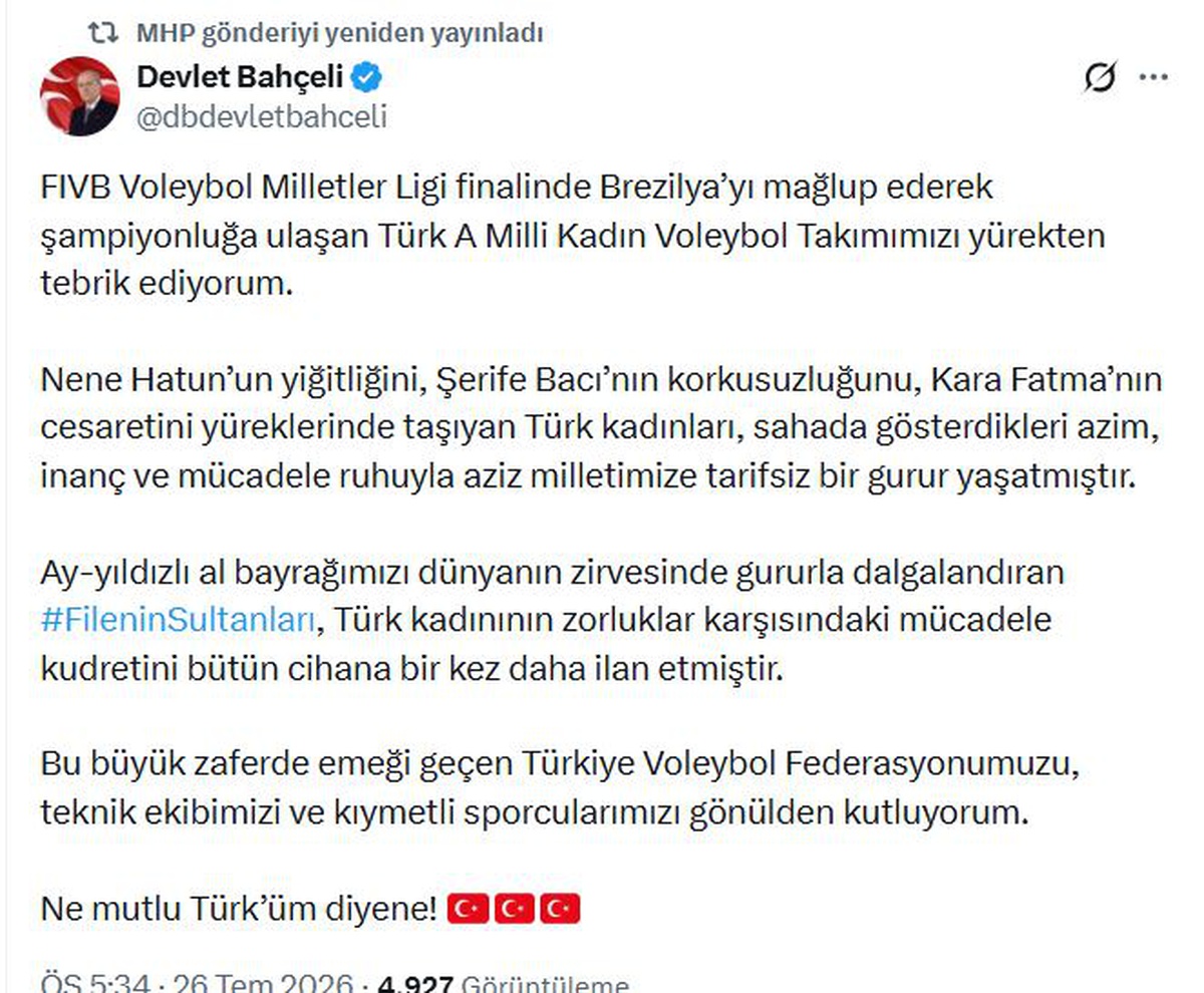 Bahçeli\'den Voleybol Şampiyonlarına Destek