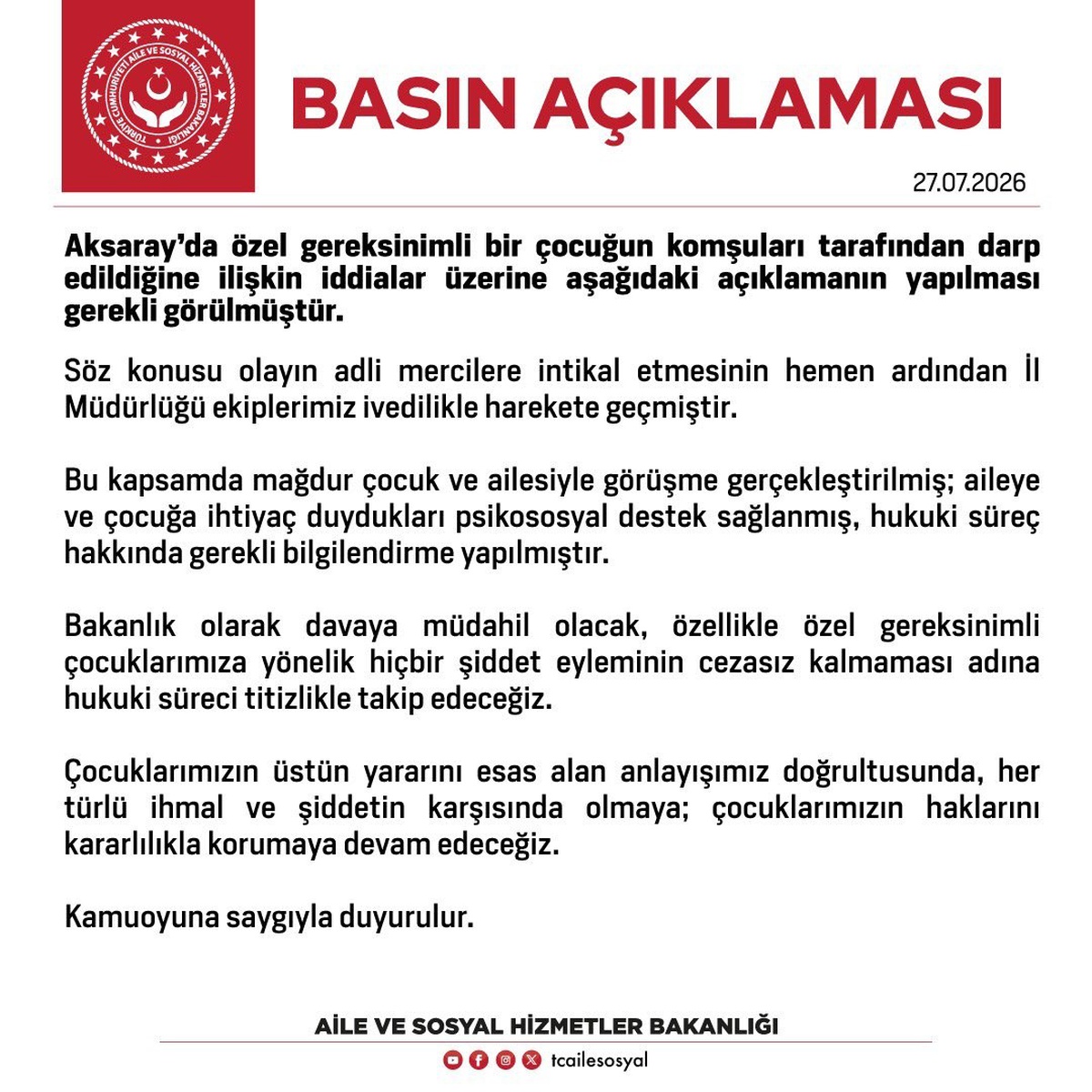 Aksaray\'da Özel Gereksinimli Çocuğa Destek