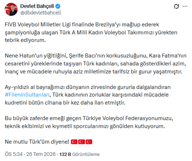 Bahçeli'den Filenin Sultanları'na tebrik