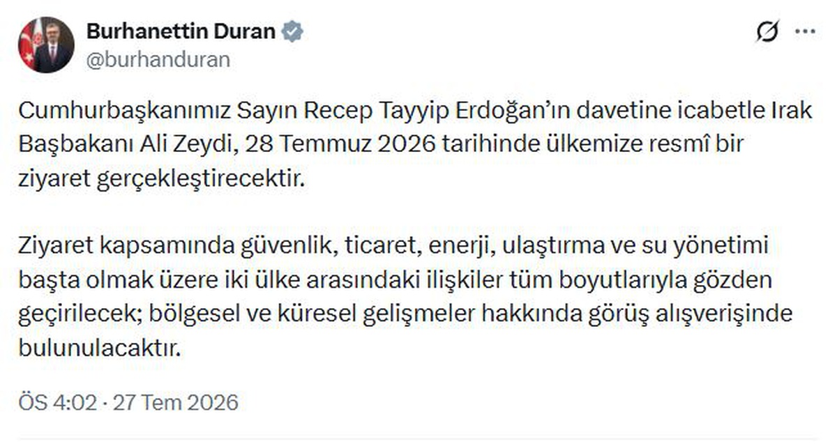 Irak Başbakanı Zeydi, 28 Temmuz\'da Türkiye\'ye geliyor