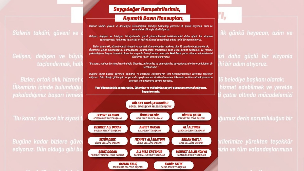 Denizli Büyükşehir Belediyesi ve 14 ilçe belediyesi CHP\'den istifa ederek YENİ Parti\'ye katıldı