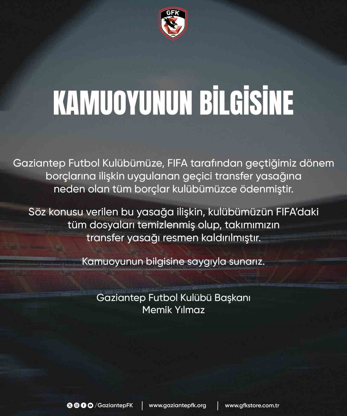 Gaziantep FK\'nin Transfer Yasağı Kaldırıldı