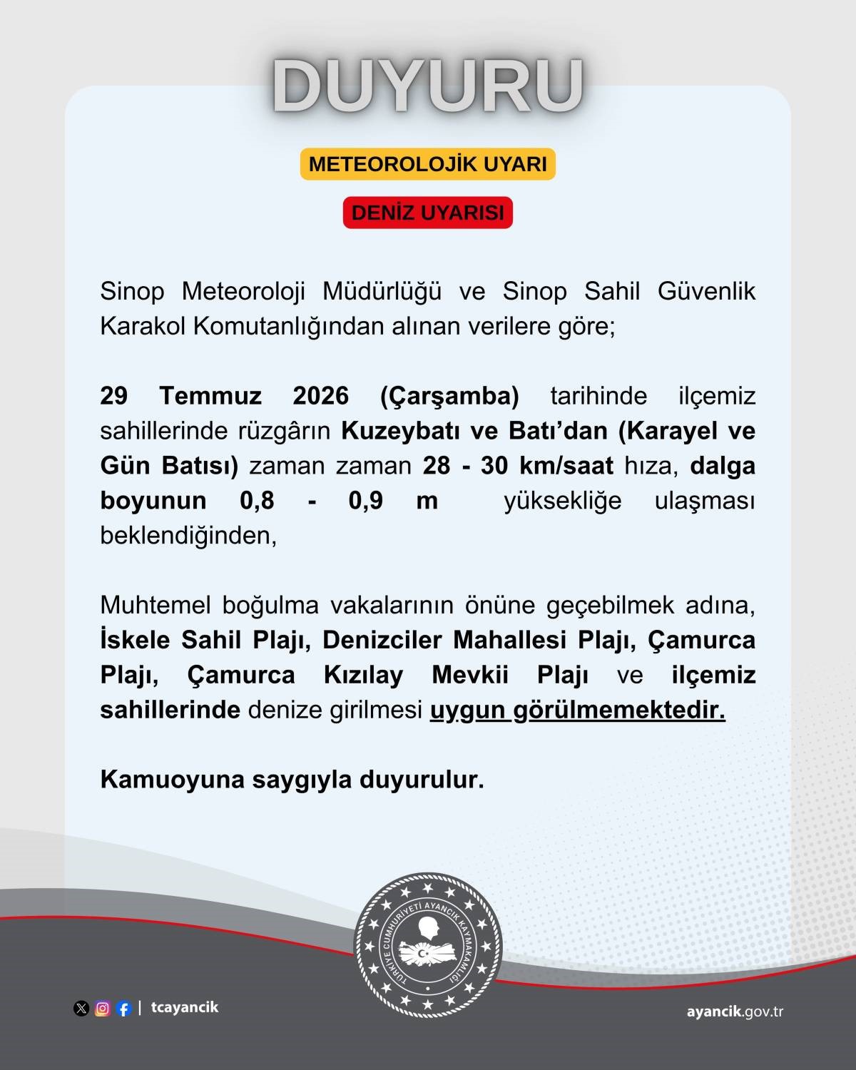 Ayancık\'ta Denize Girilmeme Uyarısı