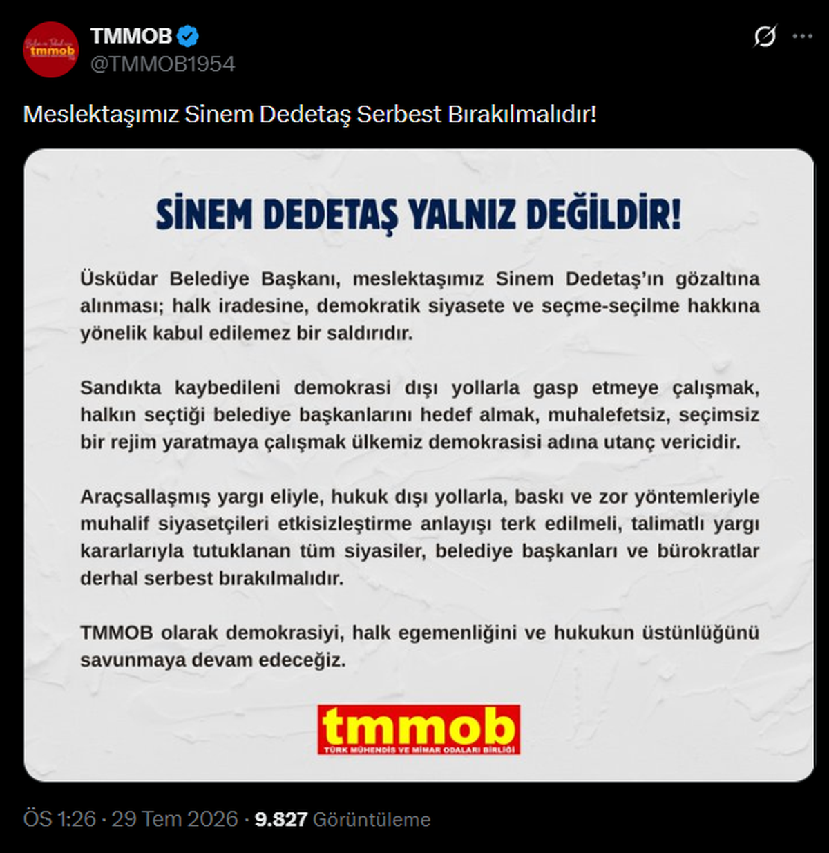 TMMOB: “Meslektaşımız Sinem Dedetaş serbest bırakılmalıdır”