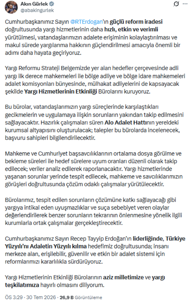 Bakan Gürlek duyurdu: Adliyelerde yeni büro kuruluyor