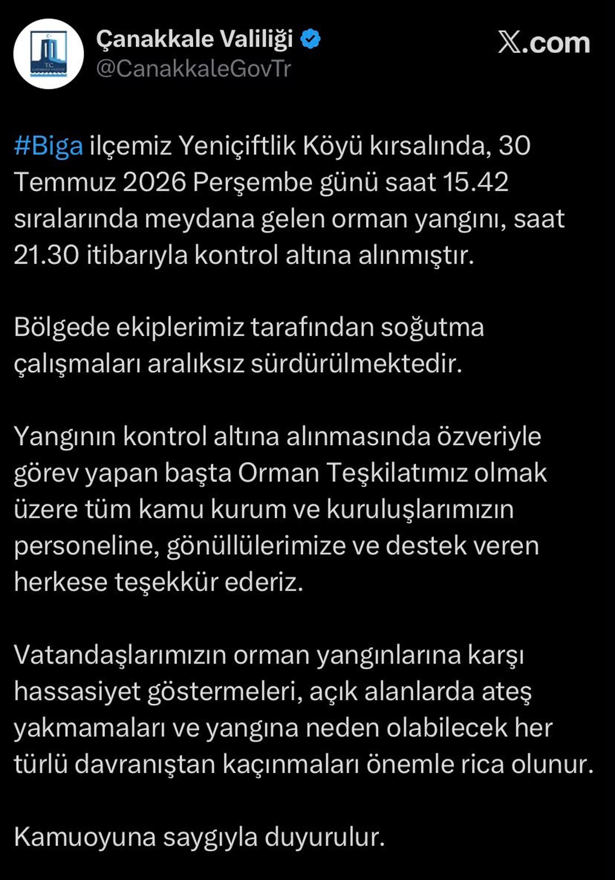 Biga\'da Yangın Kontrol Altına Alındı