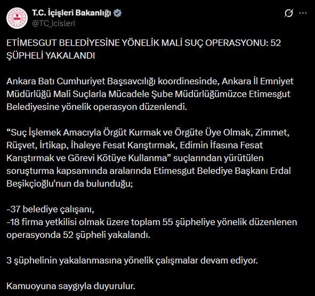 Etimesgut Belediyesine mali suç operasyonu: 52 şüpheli yakalandı