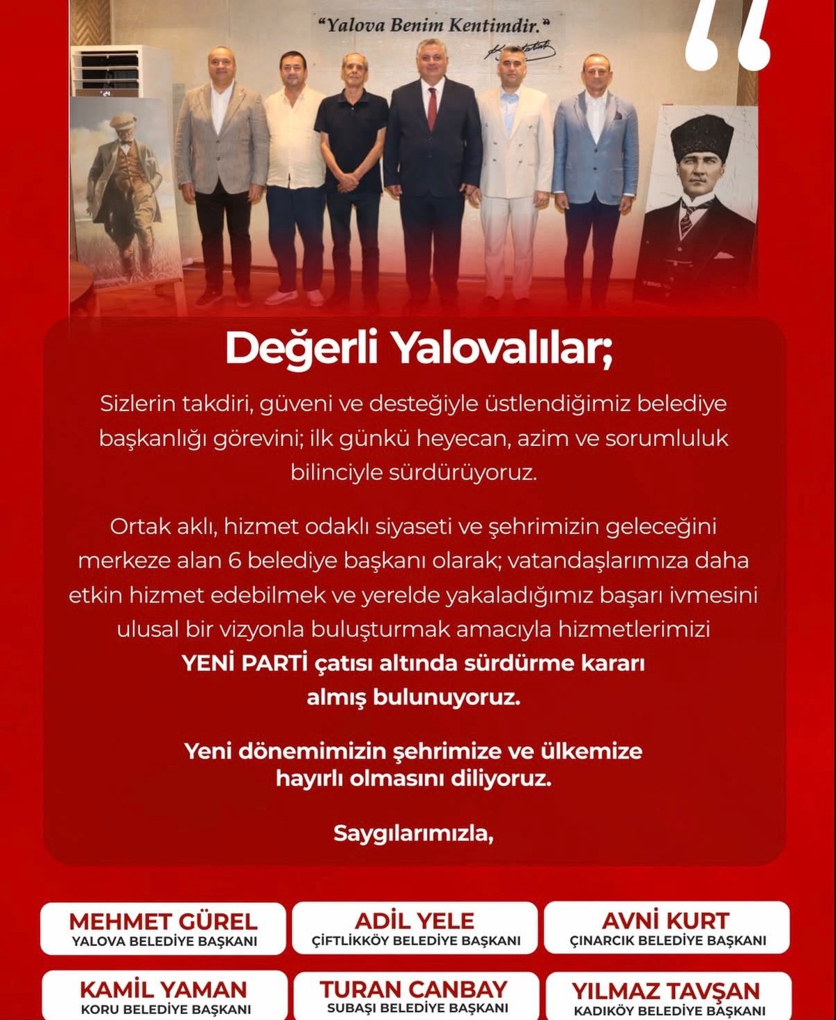 Yalova’da CHP\'li 6 belediye başkanı Yeni Parti’ye geçti
