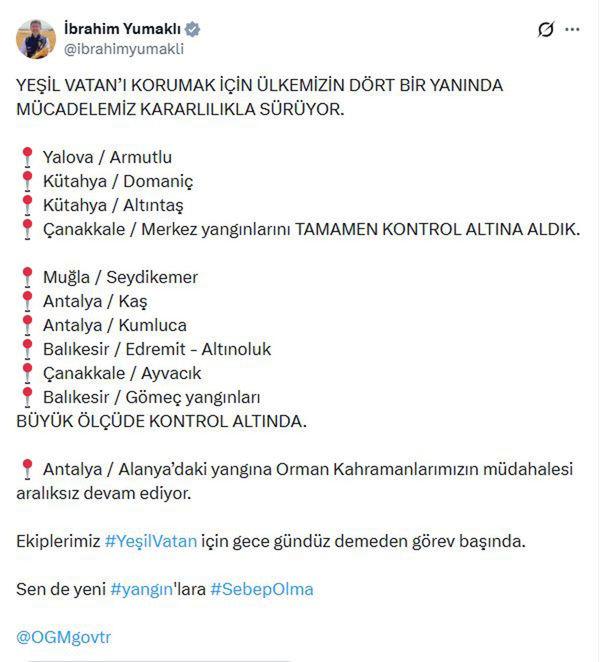 Orman Yangınları Kontrol Altına Alındı