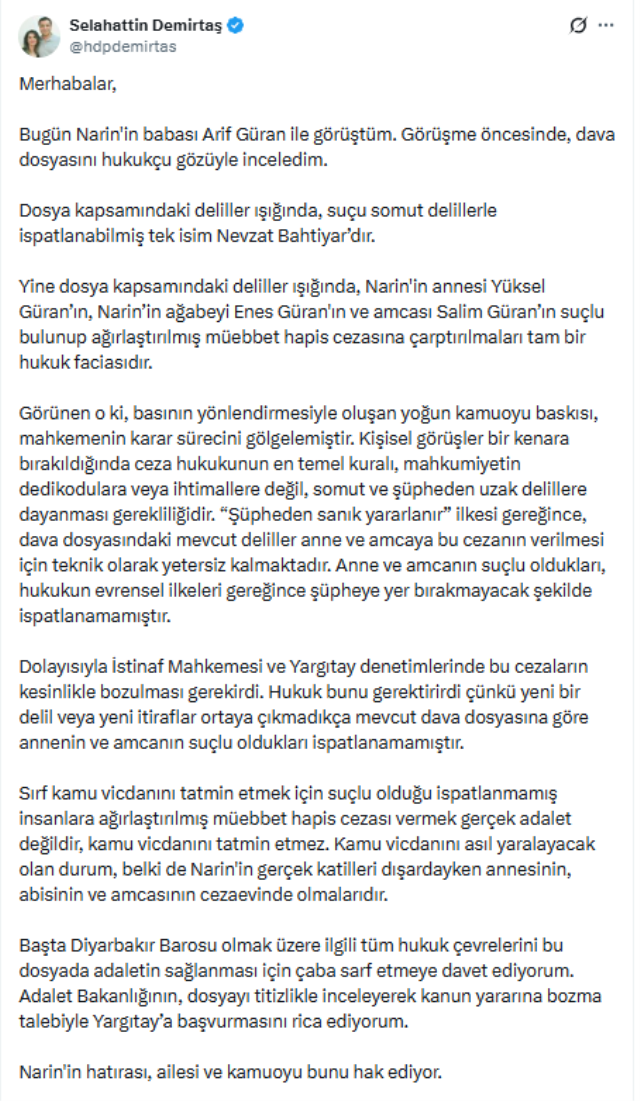 Demirtaş, Narin Güran dosyasını inceledi: Suç işlediği kanıtlanan tek isim...