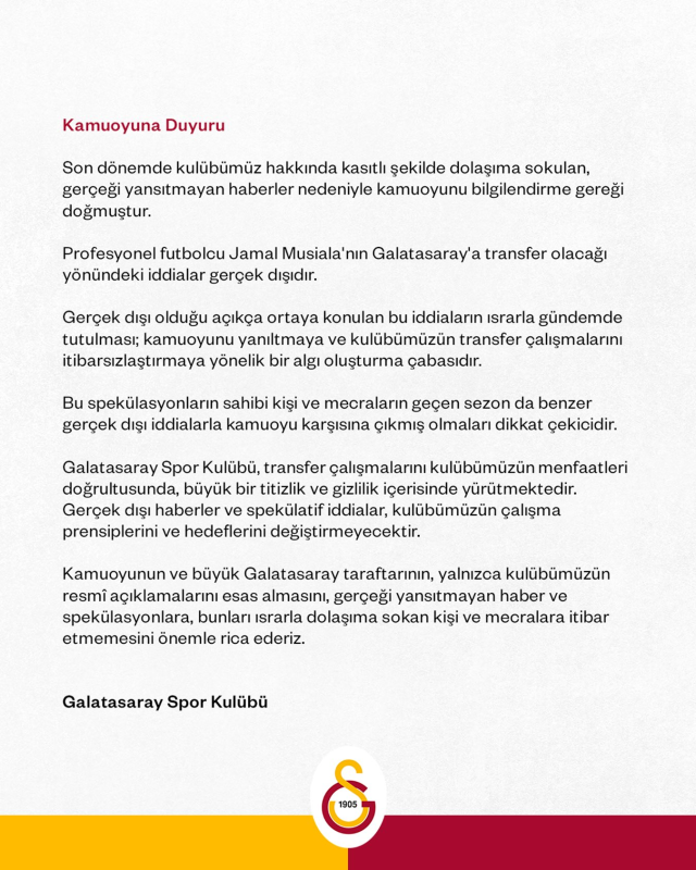 Galatasaray'dan resmi Musiala açıklaması