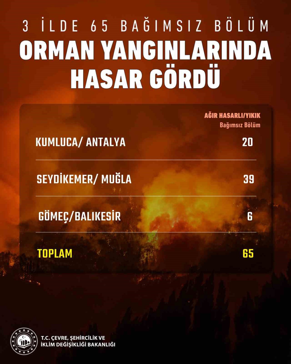 Bakan Kurum: Yangınlar 65 Bağımsız Bölümü Etkiledi