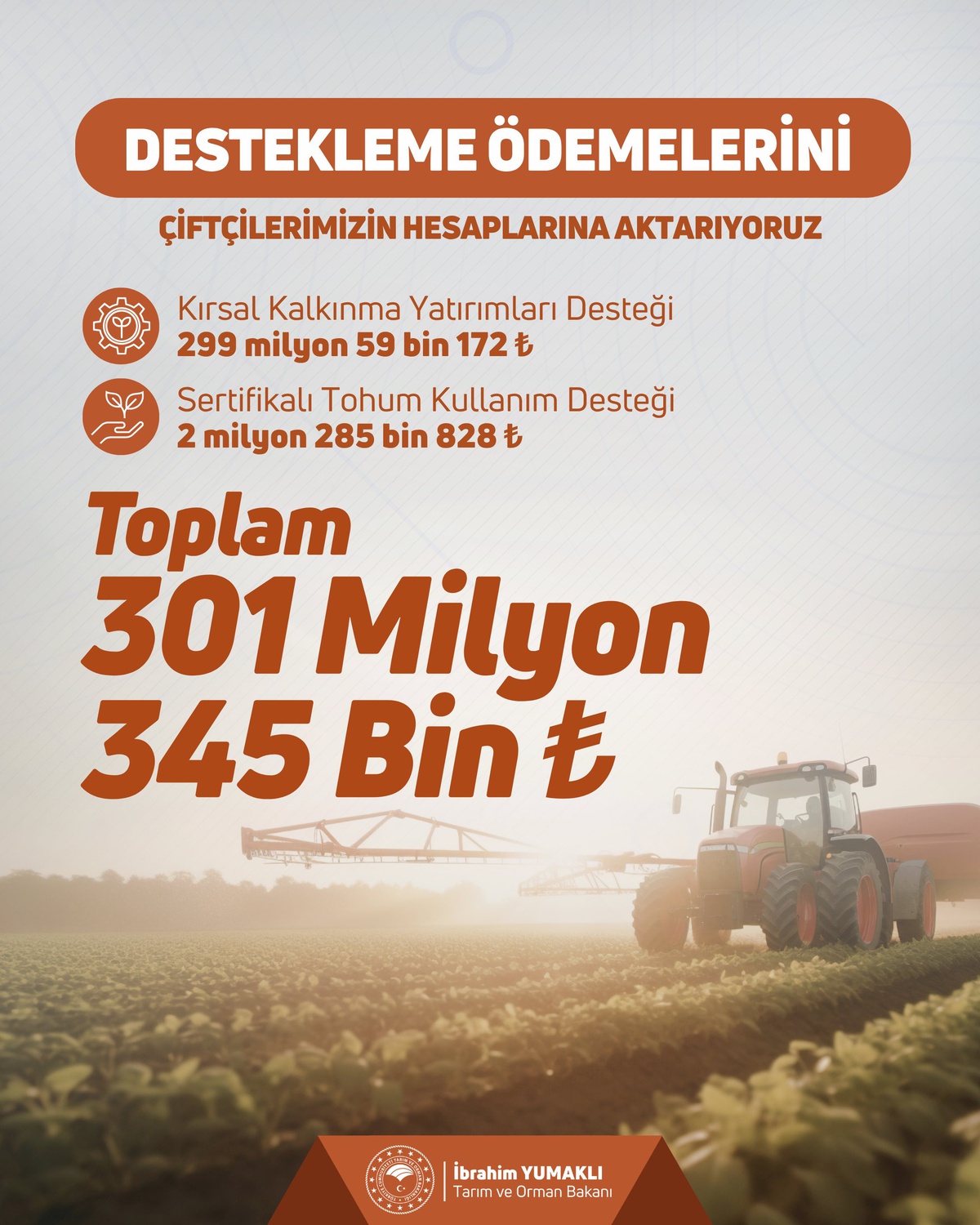 301 Milyon TL Destek Ödemesi