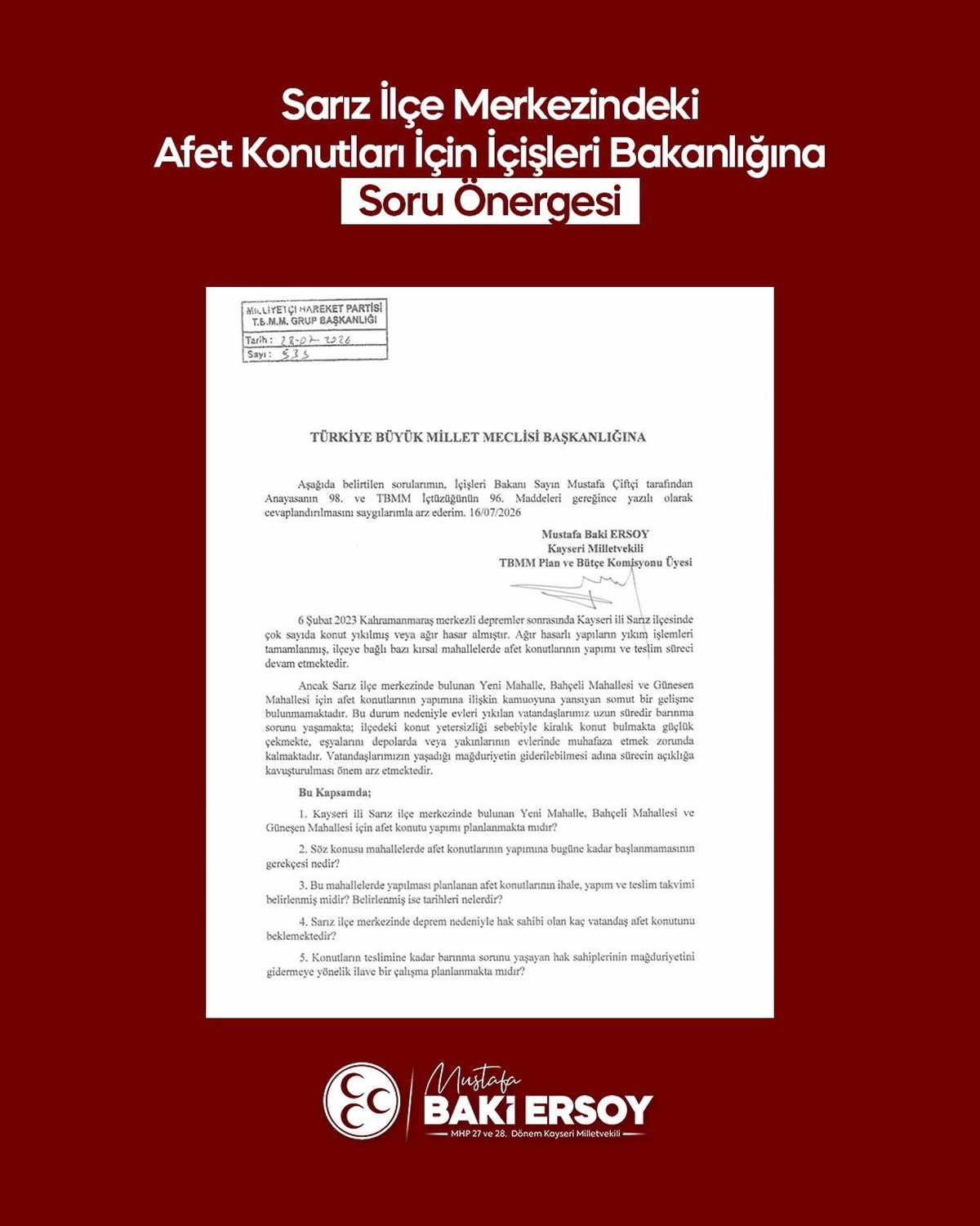 MHP\'den Sarız için Afet Konutları Soru Önergesi