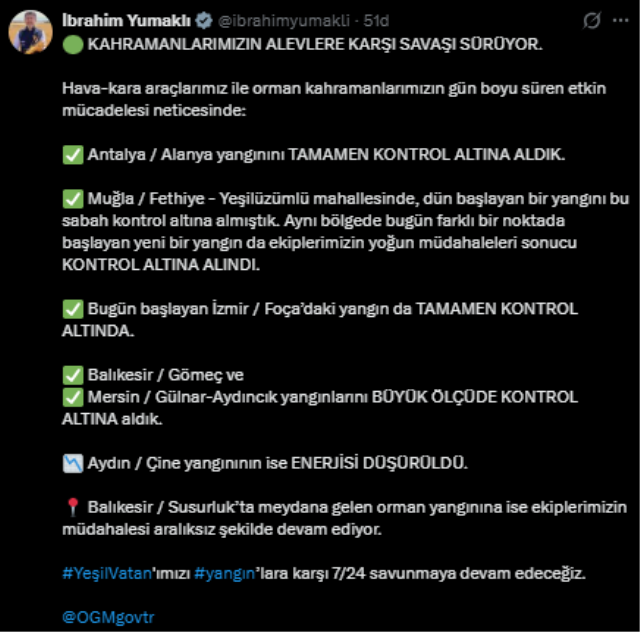 Tarım ve Orman Bakanı Yumaklı, orman yangınlarındaki son durumu paylaştı: