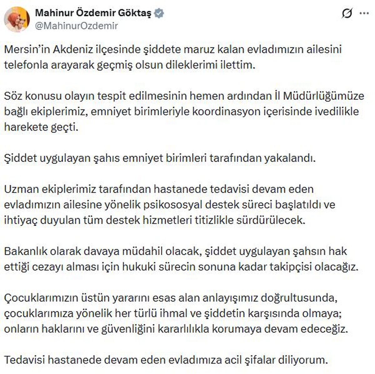 Bakan Göktaş\'tan Mersin\'de darbedilen çocuğun ailesine telefon