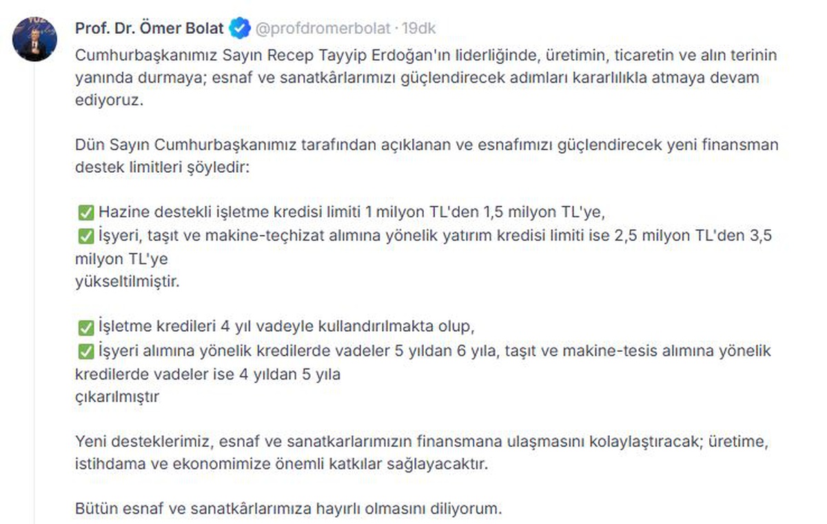 Bakan Bolat: Esnaf desteklerimiz ekonomimize önemli katkı sağlayacak