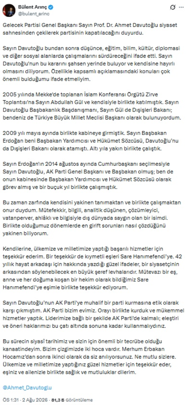 Bülent Arınç'tan Davutoğlu'nun partisini kapatmasına dikkat çeken yorum