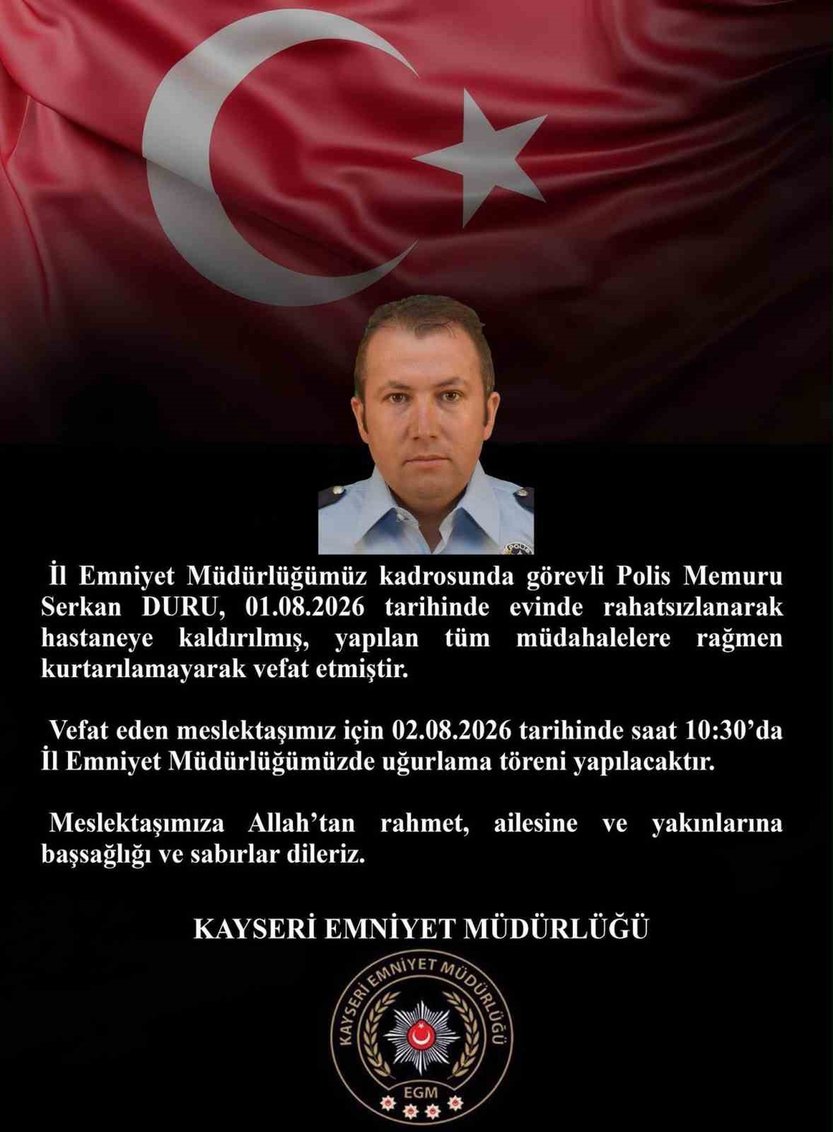 Kayseri\'de Polis Memuru Vefat Etti
