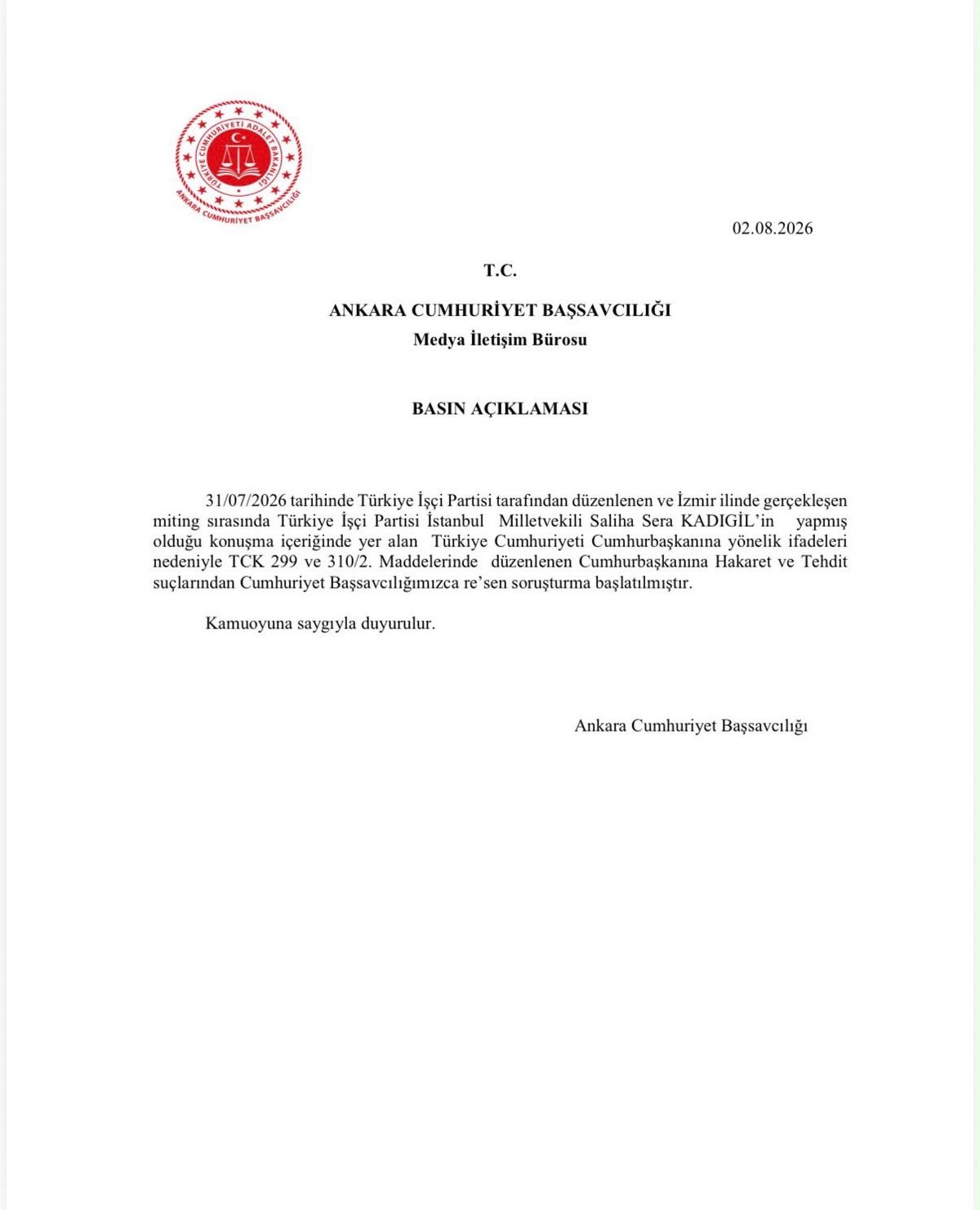 Kadıgil\'e Soruşturma Başlatıldı