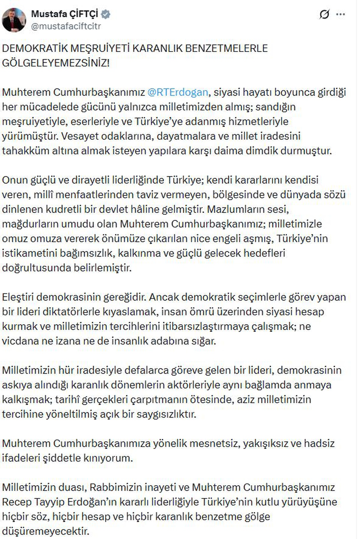 Bakan Çiftçi\'den Cumhurbaşkanı Erdoğan\'a yönelik ifadelere kınama