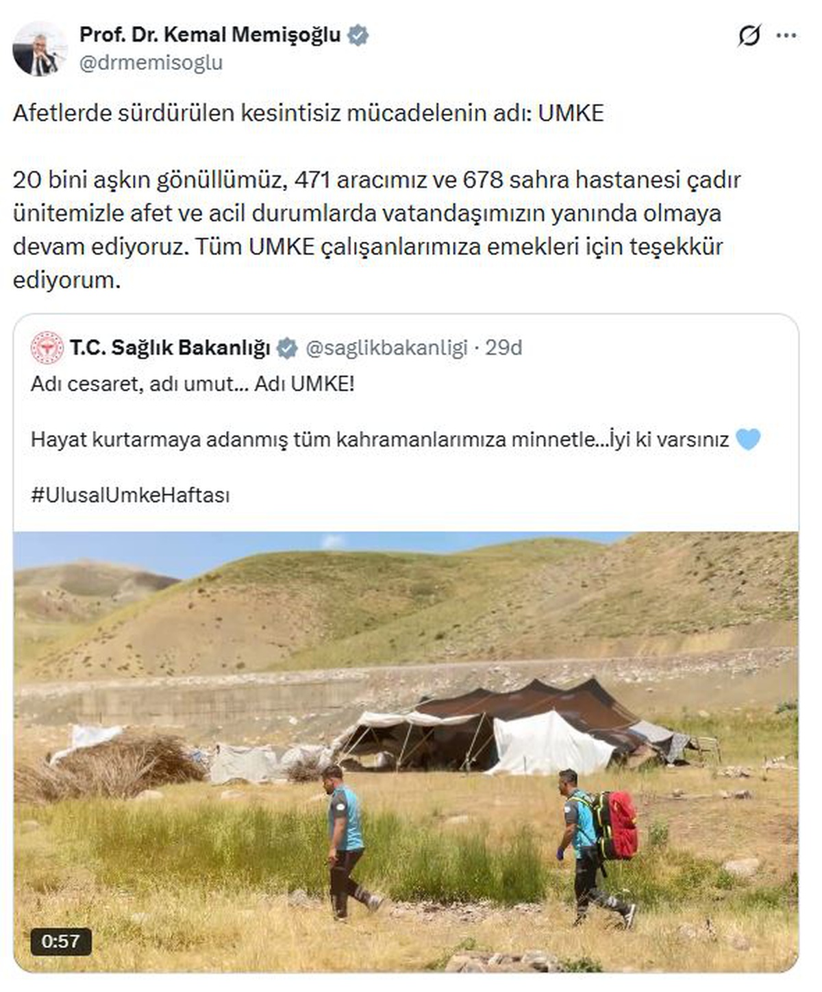 UMKE Haftası: Bakan Memişoğlu\'ndan Destek Mesajı