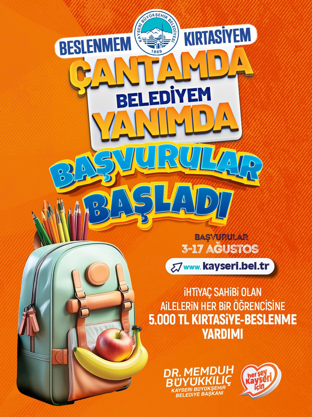 Kayseri Büyükşehir’in 5 bin TL’lik eğitim desteği başvuruları başladı