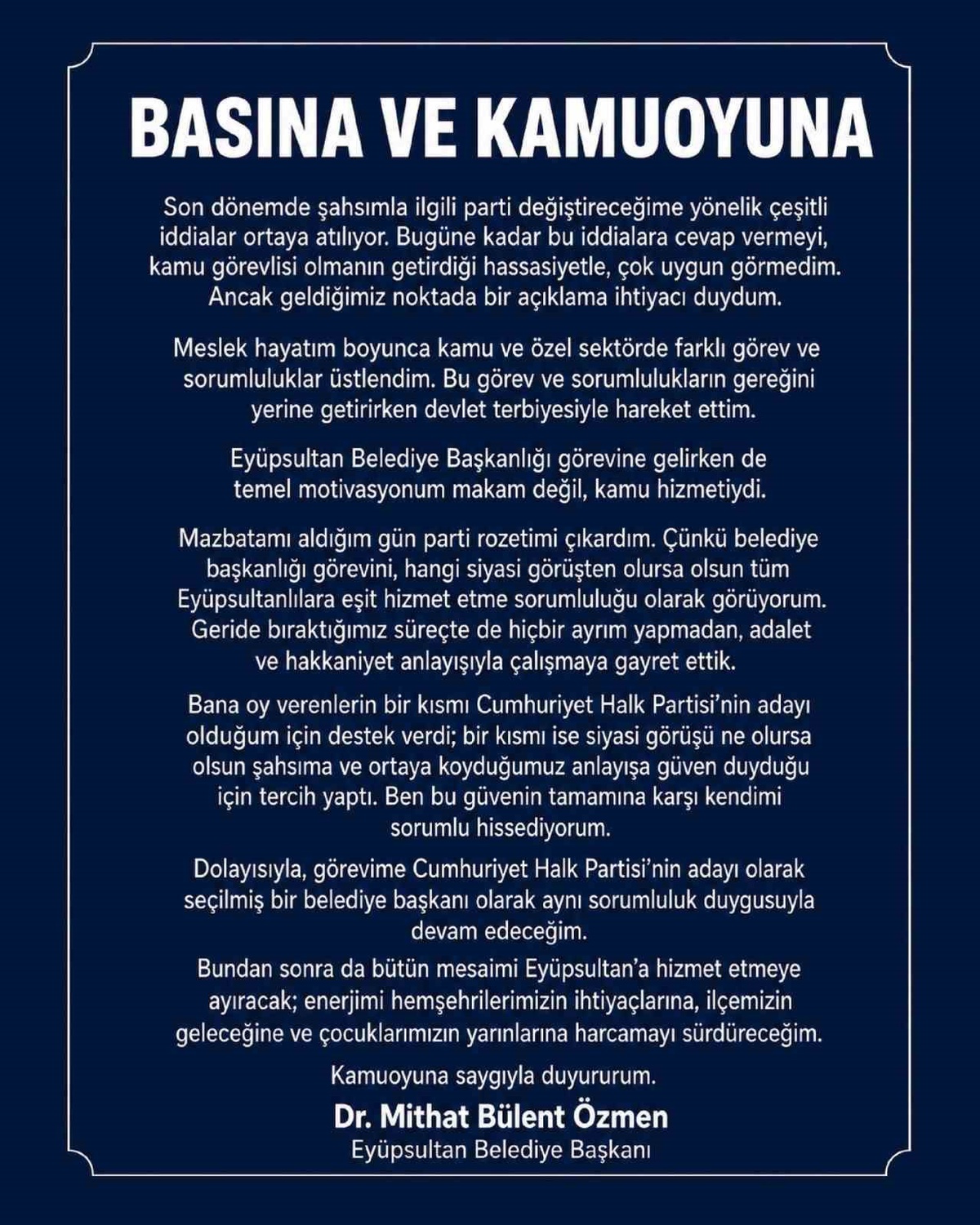 Eyüpsultan Belediye Başkanı Özmen, "Görevime CHP’nin seçilmiş bir belediye başkanı olarak devam edeceğim"