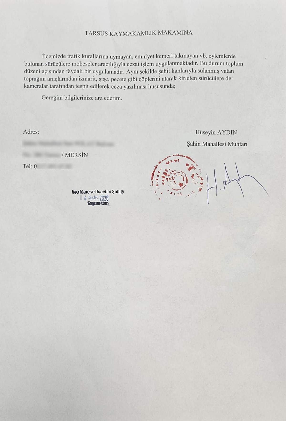 Tarsus\'ta Muhtardan Çevre Kirleten Sürücülere Kameralı Ceza Talebi