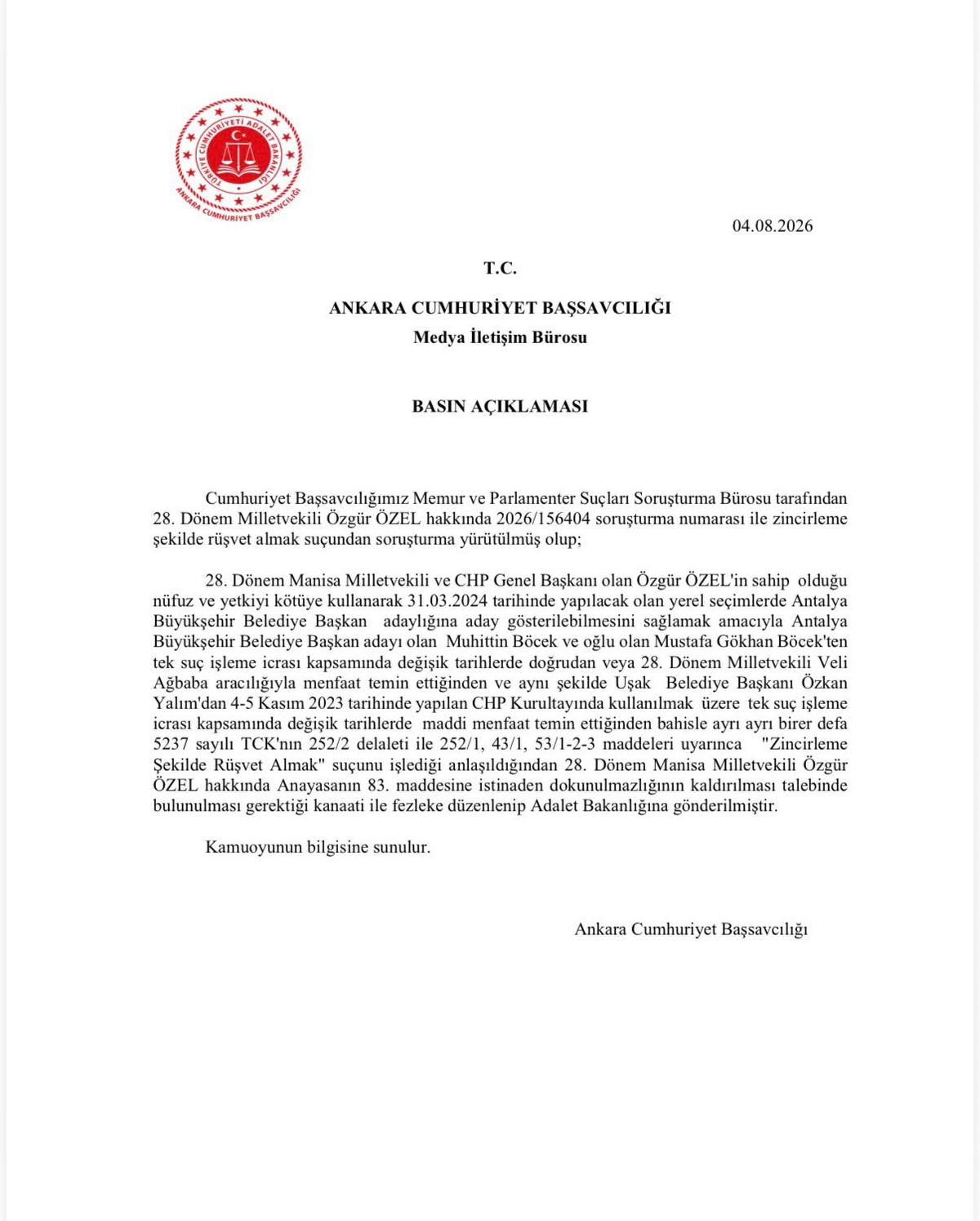 Özgür Özel’in dokunulmazlığının kaldırılması için hazırlanan fezleke Adalet Bakanlığına gönderildi