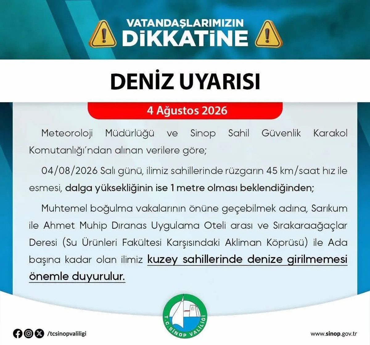 Sinop\'ta Denizde Girilmemesi Uyarısı