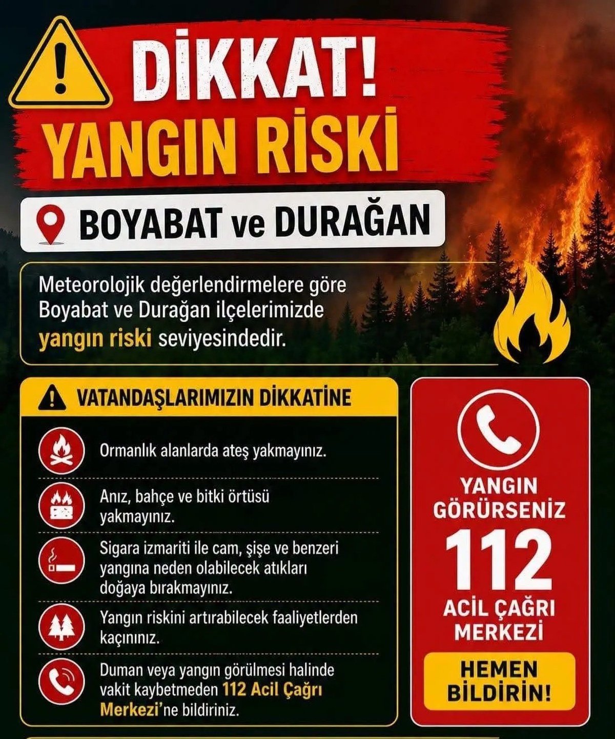 Sinop\'ta Yangın Riski Uyarısı