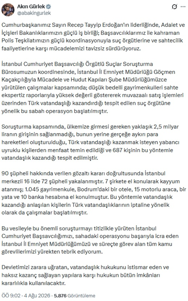 Bakan Gürlek duyurdu! 7 şirkete kayyum atandı, 72 şüpheli gözaltına alındı