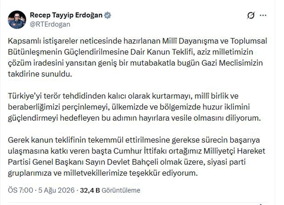 Erdoğan\'dan terörle mücadele kanun teklifine destek