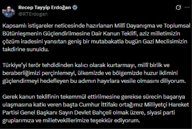 Cumhurbaşkanı Erdoğan’dan çerçeve yasa paylaşımı: Milli birlik ve beraberliğimizi perçinleyecek
