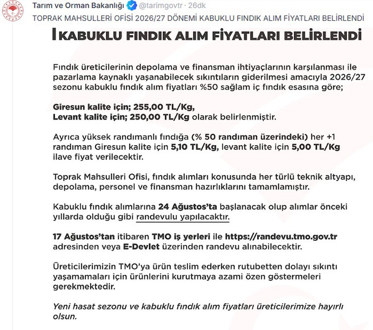 Fındık Alım Fiyatları Açıklandı