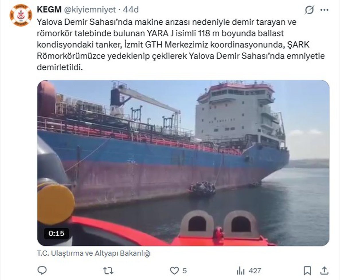 Yalova Açıklarında Tanker Arızası