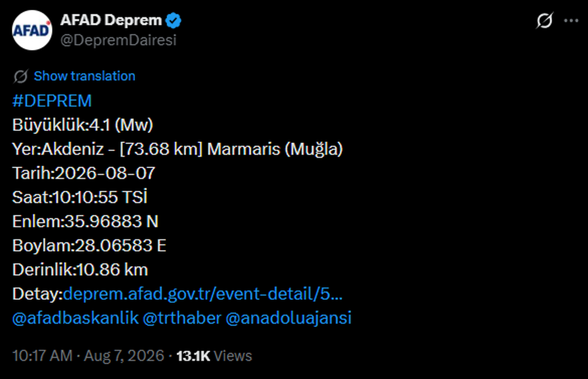Akdeniz\'de 4,1 Büyüklüğünde Deprem