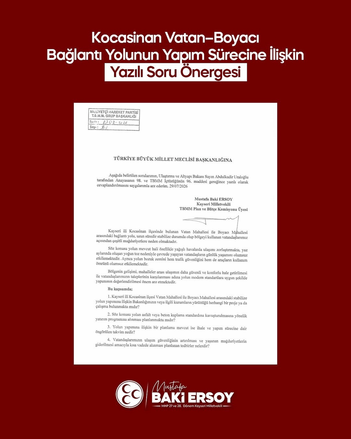 MHP\'li Ersoy\'dan Ulaşım Sorunu İçin Önerge
