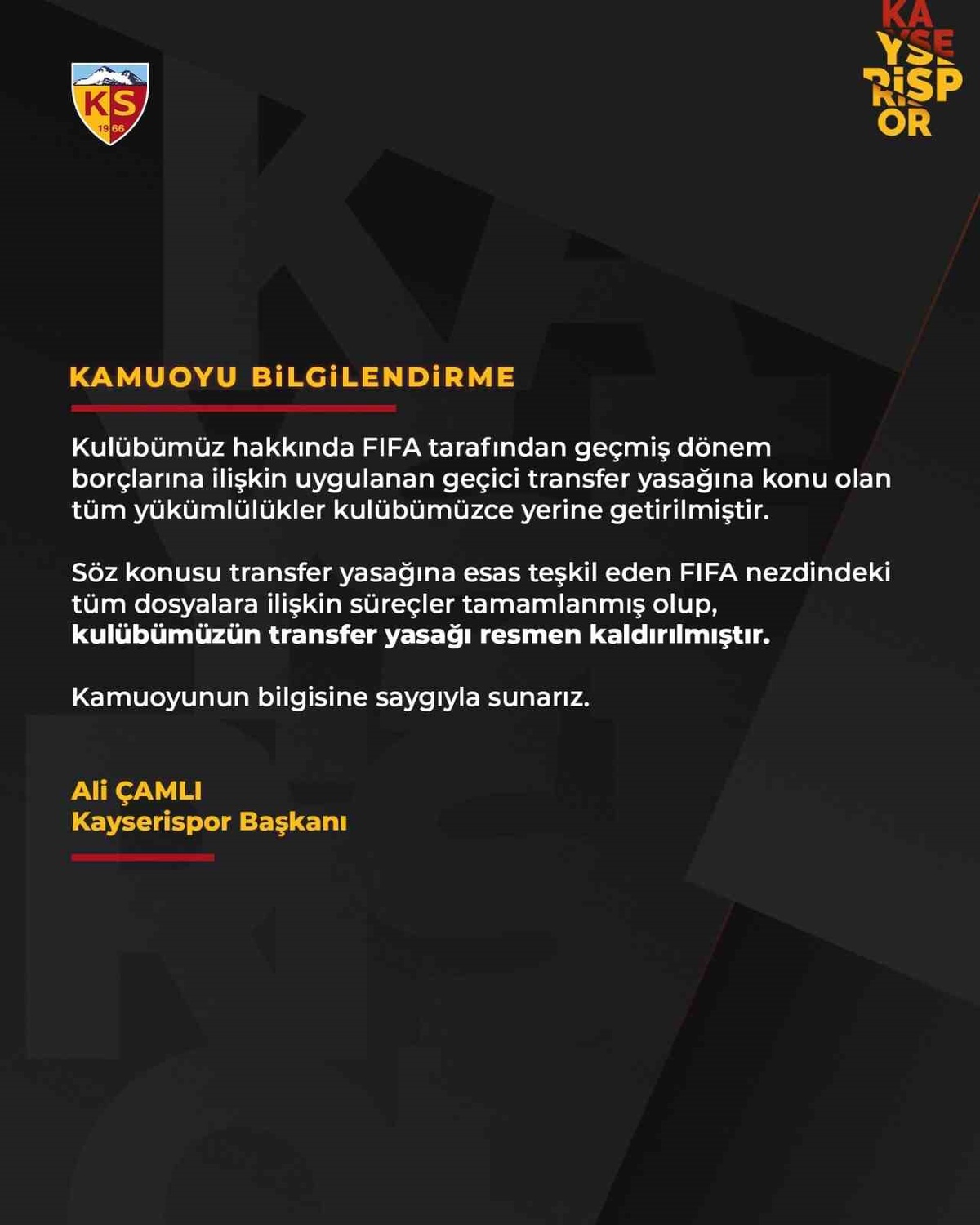 Kayserispor\'un Transfer Yasağı Kalktı