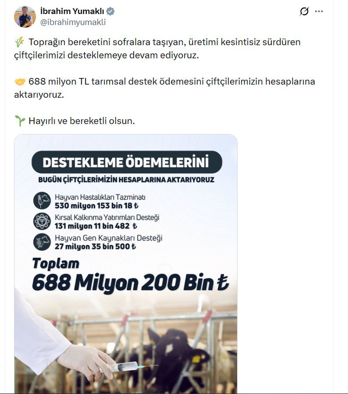 Çiftçilere 688 Milyon TL Destek Ödemesi