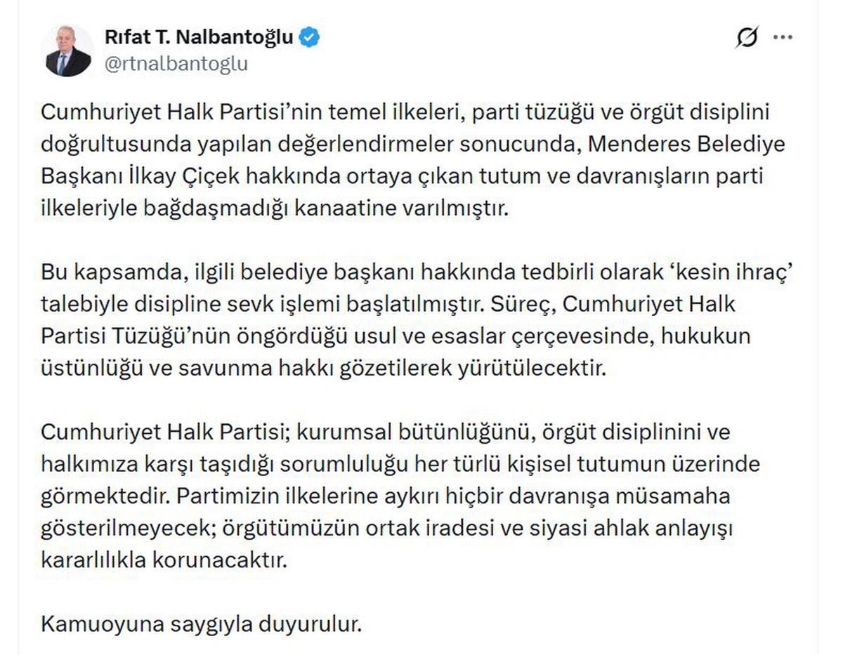 CHP\'den Menderes Belediye Başkanı\'na İhraç Talebi